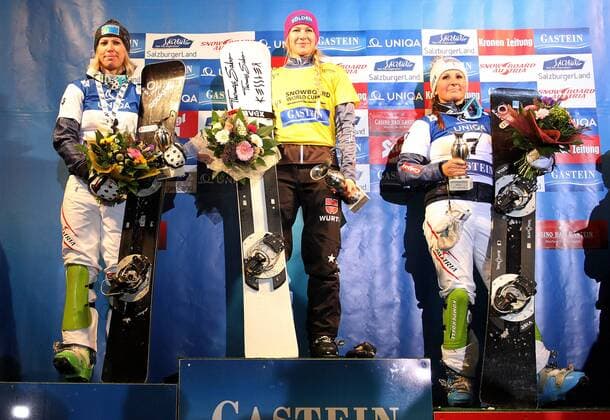SNOWBOARD - FIS WC Bad Gastein, PSL, Damen BAD GASTEIN,AUSTRIA,11.JAN.13 - SNOWBOARD - FIS Weltcup, Parallel Slalom der Damen, Siegerehrung. Bild zeigt Marion Kreiner (AUT), Amelie Kober (GER) und Claudia Riegler (AUT). 