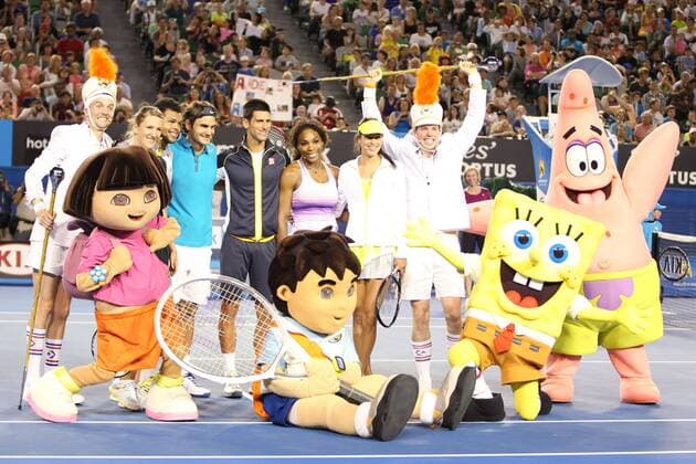 Viktoria Azarenka BLR, Jo-Wilfried Tsonga FRA, Roger Federer SUI, Novak Djokovic SRB, Serena Williams USA, Ana Ivanovic SRB - during kids day exhibition show of the 2013 Tennis Australian Open in Melbourne, 12 01 2013 -