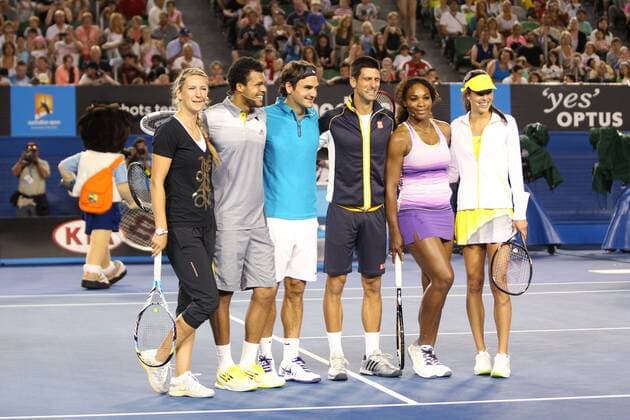 Viktoria Azarenka BLR, Jo-Wilfried Tsonga FRA, Roger Federer SUI, Novak Djokovic SRB, Serena Williams USA, Ana Ivanovic SRB - during kids day exhibition show of the 2013 Tennis Australian Open in Melbourne, 12 01 2013 -
