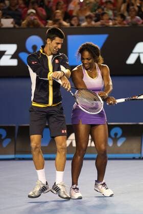 Novak Djokovic, SRB, and Serena Williams, USA, dancing gangnam style - during kids day exhibition show of the 2013 Tennis Australian Open in Melbourne, 12 01 2013 -
