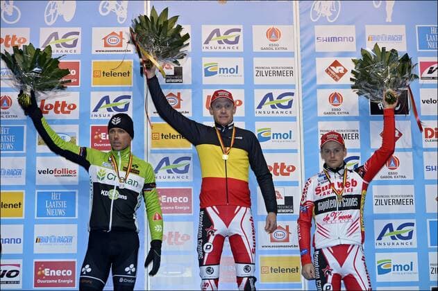 Podium : Sven Nys of Landbouwkrediet - Euphony - Klaas Vantornout of Sunweb Napoleon Games team - Kevin Pauwels of Sunweb Napoleon Games team CYCLISME : Championnat de belgique de Cyclo Cross Hommes - Nommay - 13 01 2013 PhotoNews Panoramlc 