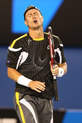 January 14, 2013: Lleyton Hewitt ( AUS ) reacts after missing a shot during the first round of the Australian Open at Melbourne Park Tennis Centre in Melbourne, Australia. TENNIS: JAN 14 Australian Open Icon130114446 EDITORIAL USE ONLY