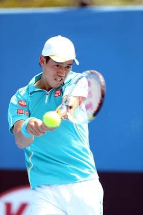 January 14, 2013: Kei Nishikori (JPN ) hits a backhand during the first round of the Australian Open at Melbourne Park Tennis Centre in Melbourne, Australia. TENNIS: JAN 14 Australian Open Icon130114575 EDITORIAL USE ONLY
