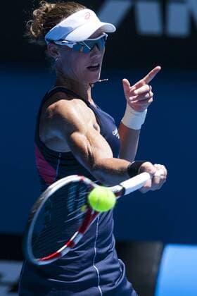 14 January 2013 : Samantha Stosur plays a forehand shot during Day 1 of the Australian Tennis open Grand Slam event at Melbourne Park, Melbourne Australia. TENNIS: JAN 14 Australian Open Icon13011425 EDITORIAL USE ONLY