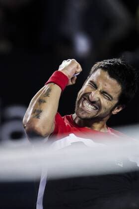 14 January 2013 : Janko TipsareviÄ? fist pumps his finger in celebration after winning during Day 1 of the Australian Tennis open Grand Slam event at Melbourne Park, Melbourne Australia. TENNIS: JAN 14 Australian Open Icon13011467 EDITORIAL USE ONLY