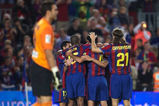 19.09.2009, Primera Divisi—n, FC Barcelona - Athletico de Madrid v.l. Bara Spieler Jubel, 2er Messi.