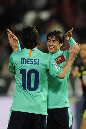 20.11.2010, Primera Divison, UD Almeria - FC Barcelona v.l. Lionel Messi (FC Barcelona) Bojan Krkic (FC Barcelona) tor 0-6 Nur fuer redaktionelle Verwendun