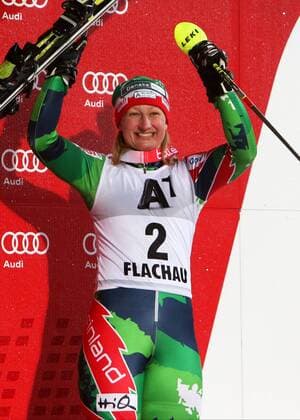 SKI ALPIN - FIS WC Flachau, Slalom, Damen FLACHAU,AUSTRIA,15.JAN.13 - SKI ALPIN - FIS Weltcup, Slalom der Damen, Nachtslalom, Siegerehrung. Bild zeigt den Jubel von Tanja Poutiainen (FIN). 