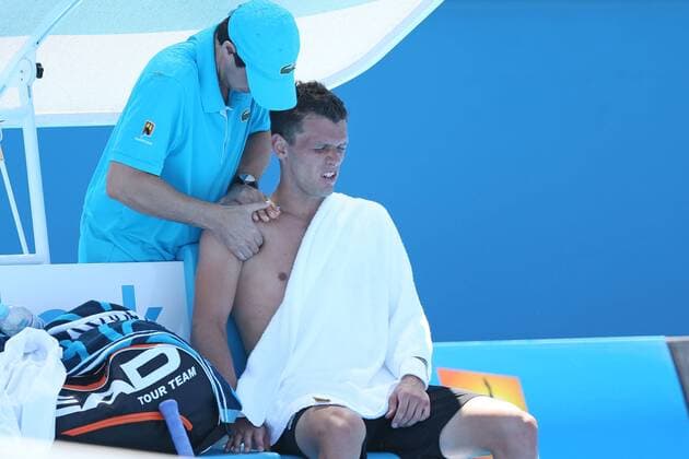 Tobias Kamke, GER, retiring due to injury during second round of the 2013 Tennis Australian Open in Melbourne, 16 01 2013 -