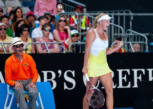 (130117) -- MELBOURNE, Jan. 17, 2013 (Xinhua) -- Caroline Wozniacki of Denmark celebrates after scoring during her second round women s singles match on the fourth day of 2013 Australian Open tennis tournament in Melbourne, Australia, Jan. 17, 2013. . (Xinhua Bai Xue) AUSTRALIA-MELBOURNE-TENNIS-WOMEN S SINGLES 