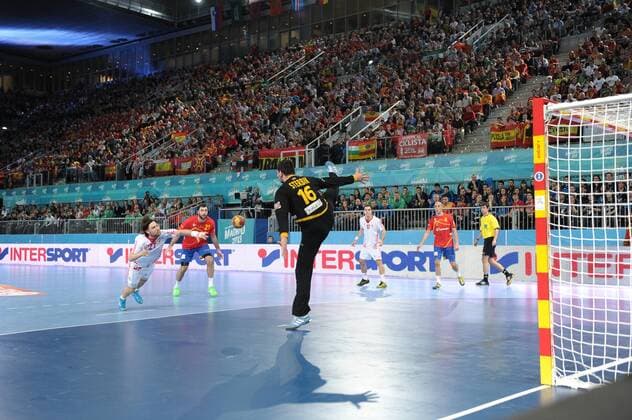 penlaty player croatia right wing cupic ivan (27) to player spain goalkeeper sterbik arpad (16) during Spain-Croatia Group D 23 IHF World Championship Handball 2013 at Madrid Spain on January 19 2013, Stadium Caja Magica, Spain 