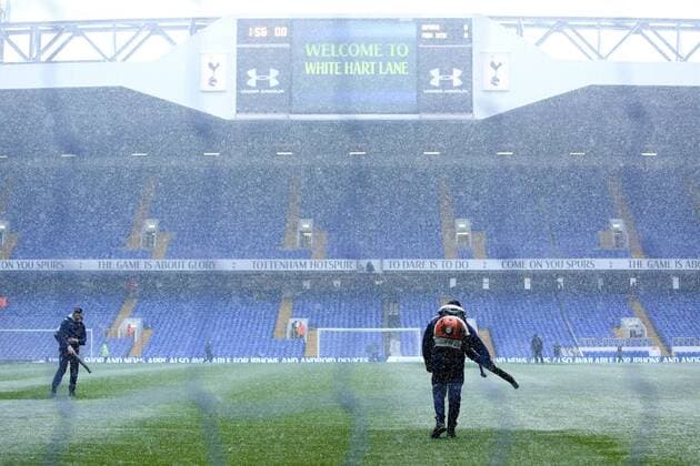 Football - 2012 2013 Premier League - Tottenham Hotspur vs. Manchester United ManU Groundsmen clear snow with leaf blowers at White Hart Lane, London 
