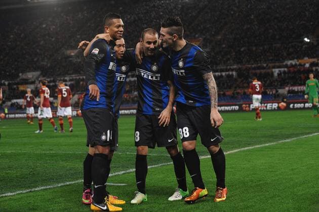 Fredy Guarin, Yuto Nagatomo. Rodrigo Palacio, Marko Livaja Inter 1-1.Goal celebration - Rom, Serie A, AS Rom vs Inter Mailand - andreaxstaccioli