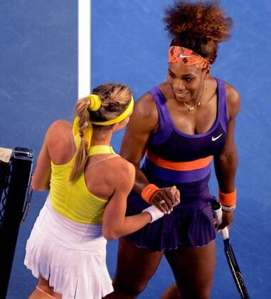 (130121) -- MELBOURNE, Jan. 21, 2013 (Xinhua) -- Serena Williams of the Untie States (R) shakes hands with Maria Kirilenko of Russia after their women s singles match at the Australian Open tennis tournament in Melbourne, Australia, Jan. 21, 2013. Serena Williams won 2-0. (Xinhua Chen Xiaowei) (jyc) AUSTRALIA-MELBOURNE-TENNIS-WOMEN S SINGLES 