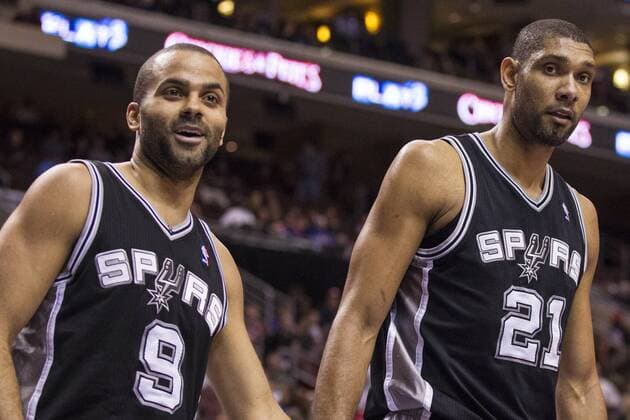 January 21, 2013: San Antonio Spurs power forward Tim Duncan (21) and point guard Tony Parker (9) look on during the NBA Basketball Herren USA game between the San Antonio Spurs and the Philadelphia 76ers at the Wells Fargo Center in Philadelphia, Pennsylvania. The San Antonio Spurs beat the Philadelphia 76ers, 90-85. NBA Basketball Herren USA 2013: Spurs vs 76ers JAN 21 - ZUMAcs7