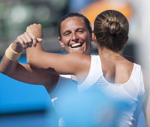 Jan. 22, 2013 - SARA ERRANI (ITA) and her doubles partner ROBERTA VINCI (ITA) (back to camera) in the 2013 Australian Open Womens Doubles. The 3 set match was held at Margaret Court Arena in Melbourne. 2013 Australian Open Day - ZUMAkh1