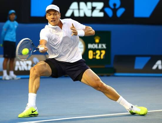 Australian Open 2013, Melbourne Park,ITF Grand Slam Tennis Tournament ,Tomas Berdych (CZE),Aktion,Einzelbild,Ganzkoerper,Querformat,