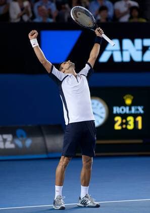(130122) -- MELBOURNE, Jan. 22, 2013 (Xinhua) -- Novak Djokovic of Serbia reacts after winning his men s singles quarterfinals match against Tomas Berdych of Czech Republic at 2013 Australian Open tennis tournament in Melbourne, Australia, Jan. 22, 2013. Novak Djokovic won 3-1. (Xinhua Bai Xue) AUSTRALIA-MELBOURNE-TENNIS-MEN S SINGLES 
