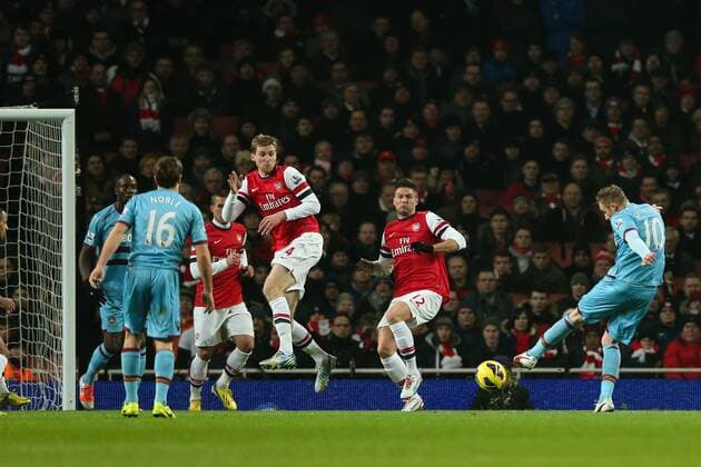 Football - 2012 2013 Premier League - Arsenal vs. West Ham United West Ham s Jack Collison scoring at the Emirates Stadium, London 