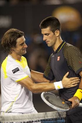 Jan. 24, 2013 - Melbourne, Victoria, Australia - Top Australian Open seed NOVAK DJOKOVIC (SRB) (black shirt) and David Ferrer in Mens Singles Quarterfinals in Rod Laver Arena in Melbourne. Tennis 2013 - Australian Open - Day 11 - ZUMAkh1