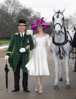 Victoria Pendleton MBE launching the Royal Ascot 2013 campaign The Colour and the Glory in London s Hyde Park wearing an Emilia Wicksted dress and Philip Treacy hat,She is seen with Greencoat David Booker and Nemo , the horse. London, Great Britain, January 24, 2013. Photo by i-Images. i-Images  AJP