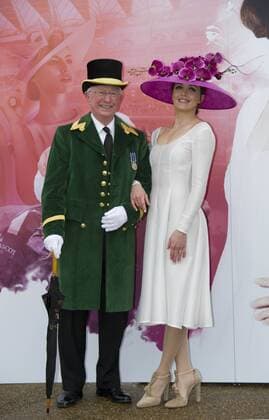 Victoria Pendleton MBE launching the Royal Ascot 2013 campaign The Colour and the Glory in London s Hyde Park wearing an Emilia Wicksted dress and Philip Treacy hat,She is seen with Greencoat David Booker, London, Great Britain, January 24, 2013. Photo by i-Images. i-Images  AJP