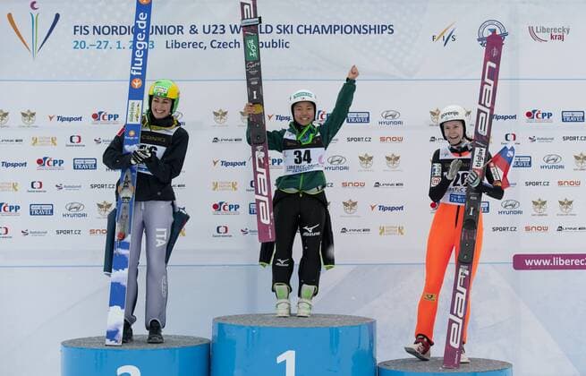 Japan s Sara Takanashi, center, greets the audience after she won the women s ski jump race during Nordic Junior World Ski Championships in Liberec, some 90 kilometers north of Prague, Czech Rep., on Thursday, Jan. 24, 2013. Second Evelyn Insam of Italy is seen on the left and third Katja Pozun of Slovenia on the right. (CTKxPhoto RadekxPetrasek) CTKPhotoP201301240606501  PET 3