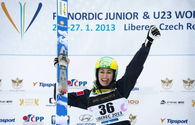 Evelyn Insam of Italy celebrates her second place in the women s ski jump race during Nordic Junior World Ski Championships in Liberec, some 90 kilometers north of Prague, Czech Rep., on Thursday, Jan. 24, 2013. (CTKxPhoto RadekxPetrasek) CTKPhotoP201301240707201  PET 16