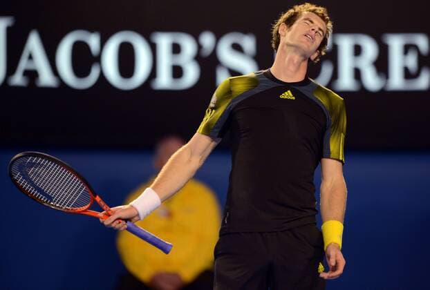 (130125) -- MELBOURNE, Jan. 25, 2013 (Xinhua) -- Andy Murray of Britain reacts during the men s singles semifinal match at the 2013 Australian Open tennis tournament in Melbourne, Australia, Jan. 25, 2013 (Xinhua Chen Xiaowei) (jyc) AUSTRALIA-MELBOURNE-TENNIS-MEN S SINGLES-SEMIFINAL 