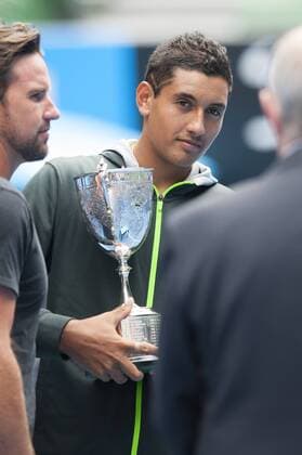 Jan. 26, 2013 - Melbourne, Victoria, Australia - NICK KYRGIOS (AUS) with trophy after winning the 2013 Australian Open Junior Boys Singles Final. Kyrgios won 7-6, 6-3 at Melbournes Rod Laver Arena. Tennis 2013 - Australian Open - Day 13 - ZUMAkh1