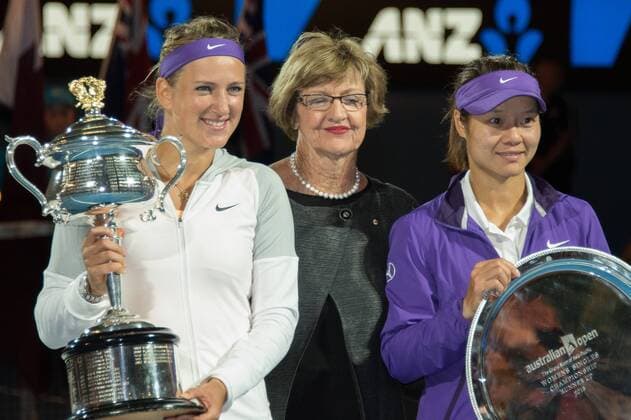 Jan. 26, 2013 - Melbourne, Victoria, Australia - January 26, 2013: Victoria Azarenka (BLR), Margaret Court and Li Na (CHN) pose after the women s final of the 2013 Australian Open grand slam tennis tournament at Melbourne Park in Melbourne, Australia. Tennis 2013: Australian Open JAN 26 - ZUMAc04