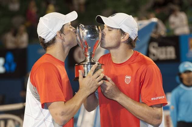 Jan. 26, 2013 - Melbourne, Victoria, Australia - BOB BRYAN (USA) and brother MIKE BRYAN (USA) with the championship trophy after their men s doubles victory in the finals of the 2013 Australian Open. The Grand Slam tournament is being held at Melbournes Rod Laver Arena. 2013 Tennis - Australian Open Day 13 - ZUMAkh1