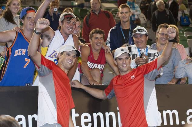 Jan. 26, 2013 - Melbourne, Victoria, Australia - BOB BRYAN (USA) and brother MIKE BRYAN (USA) celebrate with fans after their men s doubles victory in the finals of the 2013 Australian Open. The Grand Slam tournament is being held at Melbournes Rod Laver Arena. 2013 Tennis - Australian Open Day 13 - ZUMAkh1