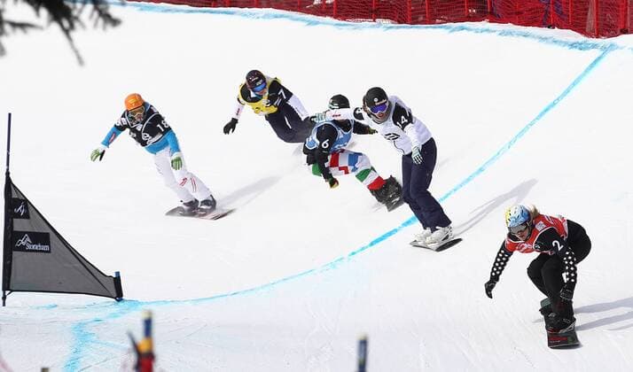 SNOWBOARD - FIS WM Stoneham, SBX, Damen STONEHAM,KANADA,26.JAN.13 - SNOWBOARD - FIS Weltmeisterschaften Stoneham, Boarder Cross, Snowboardcross, Damen. Bild zeigt Susanne Moll (AUT), Deborah Anthonioz (FRA), Michela Moioli (ITA), Chloe Trespeuch (FRA) und Dominique Maltais (CAN).