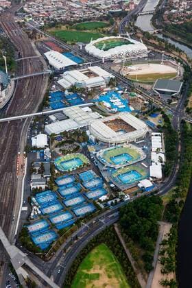 Australian Open 2013, Melbourne Park,ITF Grand Slam Tennis Tournament, Melbourne Park Tennis Stadion Uebersicht aus der Luft,Hochformat,