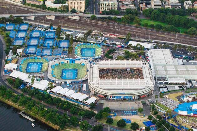 Australian Open 2013, Melbourne Park,ITF Grand Slam Tennis Tournament, Melbourne Park Tennis Stadion Uebersicht aus der Luft,Hochformat,