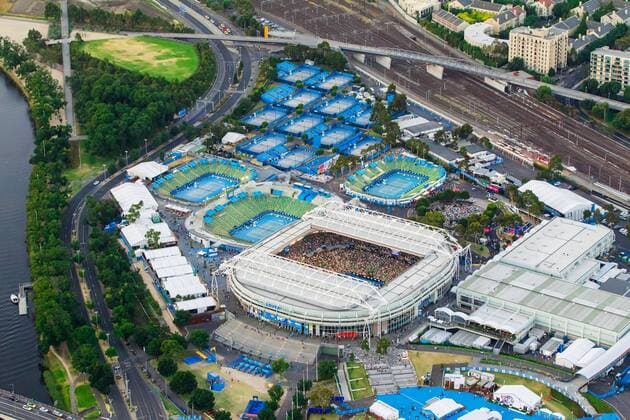 Australian Open 2013, Melbourne Park,ITF Grand Slam Tennis Tournament, Melbourne Park Tennis Stadion Uebersicht aus der Luft,Hochformat,