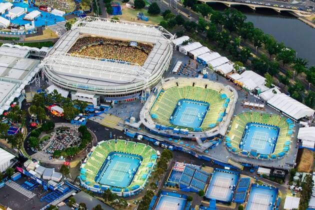 Australian Open 2013, Melbourne Park,ITF Grand Slam Tennis Tournament, Melbourne Park Tennis Stadion Uebersicht aus der Luft,Hochformat,
