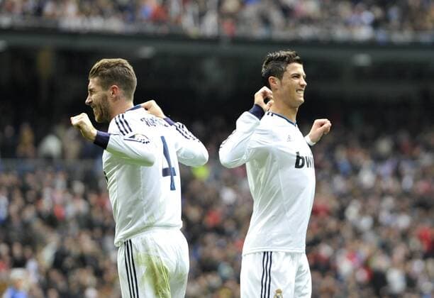 Cristiano Ronaldo celebrating goal with Sergio Ramos during Real Madrid - Getafe, game of Matchday 21 of Liga 2012 2013 