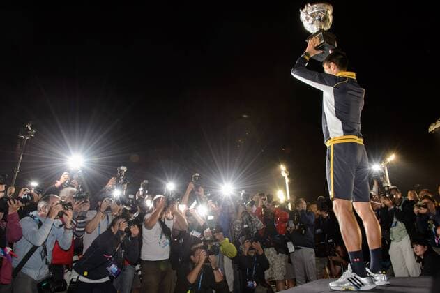 Melbourne, Victoria, Australia - January 27, 2013: Novak Djokovic (SRB) poses with his trophy after winning the 2013 Australian Open grand slam tennis tournament at Melbourne Park in Melbourne, Australia. Australian Open JAN 27 - ZUMAc04