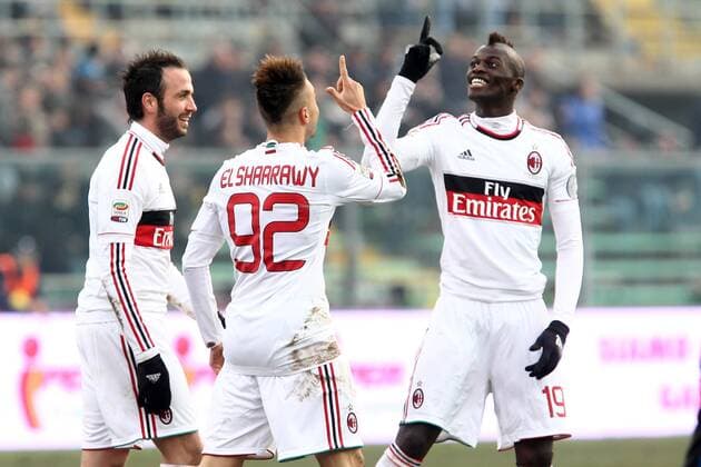 Esutanza di Stephan El Shaarawy M Baye Niang Milan dopo il gol goal celebration Bergamo 27 01 2013 Stadio Atleti Azzurri d Italia Football Calcio Serie A 2012 13 Atalanta vs Milan PaoloxNucci