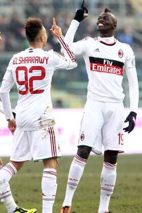 Stephan El Shaarawy, M Baye Niang Milan - goal celebration Bergamo 27 01 2013 Stadio Atleti Azzurri d Italia. Football Calcio Serie A 2012 13. Atalanta Bergamo - AC Mailand, Milan. PaoloxNucci