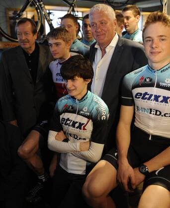 Chairman of OPQS Bessel Kok (left), CEO of OPQS Patrick Lefevere and Czech speed skater Martina Sablikova (down) are seen at a press conference to present a new continental cycling team Etixx-IHNED and introduce the management and partner team Omega Pharma-Quick-Step. Bessel Kok, Patrick Lefevere and Martina Sablikova are seen in Prague, Czech Republic, January 31, 2013. (CTKxPhoto MichalxKrumphanzl) CTKPhotoP201301310409701  kru 4