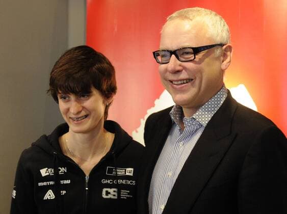 Czech speed skater Martina Sablikova (left) and the owner of OPQS and Etixx-IHNED team Zdenek Bakala are seen at a press conference to present a new continental cycling team Etixx-IHNED and introduce the management and partner team Omega Pharma-Quick-Step. Martina Sablikova and Zdenek Bakala are seen in Prague, Czech Republic, January 31, 2013. (CTKxPhoto MichalxKrumphanzl) CTKPhotoP201301310431901  kru 9 K