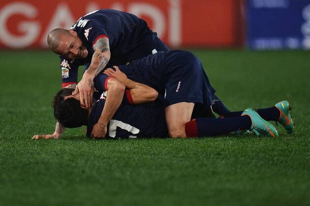 Esultanza Marco Sau Cagliari dopo il gol 1-3. goal celebration . Stadio Olimpico.Football Calcio 2012 2013 Serie A.Roma Vs Cagliari. Insidefoto andreaxstaccioli
