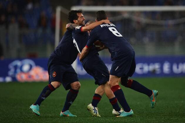 Esultanza Marco Sau Cagliari (C) dopo il gol 1-3. goal celebration . Stadio Olimpico.Football Calcio 2012 2013 Serie A.Roma Vs Cagliari. Insidefoto andreaxstaccioli