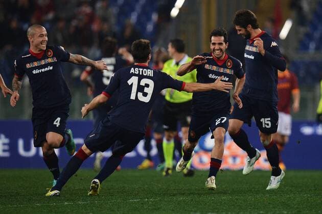 Esultanza Marco Sau (2R) Cagliari dopo il gol 1-3. goal celebration . Stadio Olimpico.Football Calcio 2012 2013 Serie A.Roma Vs Cagliari. Insidefoto andreaxstaccioli