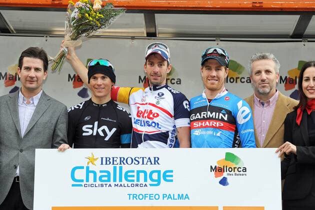 Podium v.l.n.r. - (3.) Ben SWIFT ( li. GBR SKY Procycling ) - (1.) Kenny DE HAES ( mi. BEL Lotto - Belisol ) - (2.) Tyler FARRAR ( re. USA Garmin - Sharp ) - Emotionen - Jubel - Freude - quer - Even: Mallorca Rundfahrt - Mallorca Challenge - Iberostar Challenge Ciclista Mallorca 2013 - Trofeo Palma - Location: Mallorca - Spanien - Europa - Datum: 03.02.2013