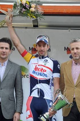 Podium v.l.n.r. - (3.) Ben SWIFT ( li. GBR SKY Procycling ) - (1.) Kenny DE HAES ( mi. BEL Lotto - Belisol ) - (2.) Tyler FARRAR ( re. USA Garmin - Sharp ) - Emotionen - Jubel - Freude - quer - Even: Mallorca Rundfahrt - Mallorca Challenge - Iberostar Challenge Ciclista Mallorca 2013 - Trofeo Palma - Location: Mallorca - Spanien - Europa - Datum: 03.02.2013