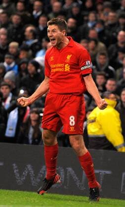 Steven Gerrard of Liverpool celebrates scoring the second goal - Barclays Premier League - Manchester City vs Liverpool - Etihad Stadium - Manchester - 03 02 13 - Picture Simon Bellis Sportimage EDITORIAL USE ONLY. No use with unauthorised audio, video, data, fixture lists, club league logos or live services. Online in-match use limited to 120 images, no video emulation. No use in betting, games or single club league player publications.